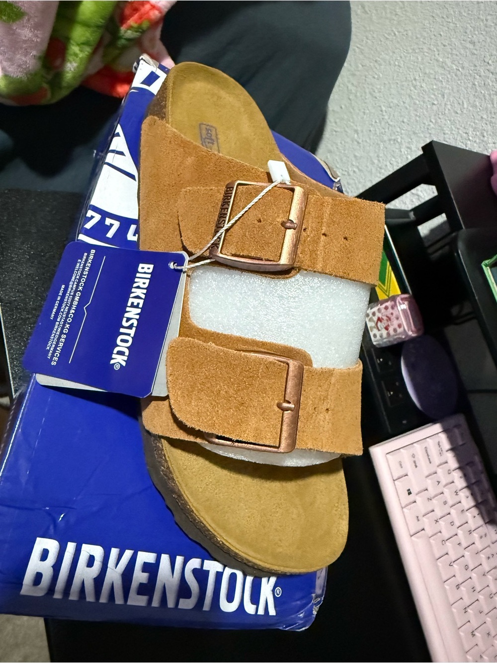Birkenstock Arizona Suede Two-Buckle Sandal in Cognac Brown